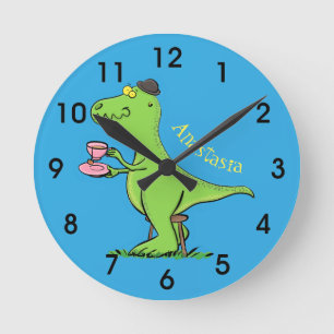Cute funny green t rex dinosaur cartoon ronde klok