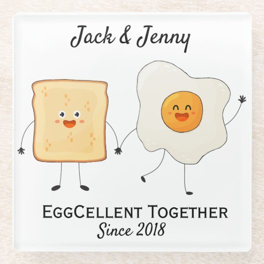 Cute Funny Happy Toast Eggcelent Samen Glazen Onderzetter (Voorkant)