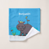 Cute funny hippopotamus with bird cartoon bad handdoek (Wasdoekje)