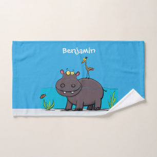 Cute funny hippopotamus with bird cartoon bad handdoek