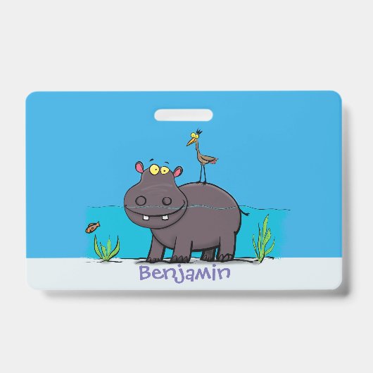 Cute funny hippopotamus with bird cartoon badge (Voorzijde)
