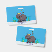 Cute funny hippopotamus with bird cartoon badge (Voor- en achterkant)
