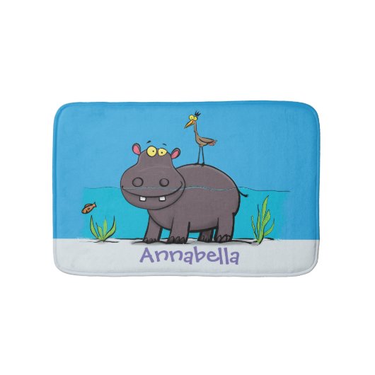 Cute funny hippopotamus with bird cartoon badmat (Voorkant)