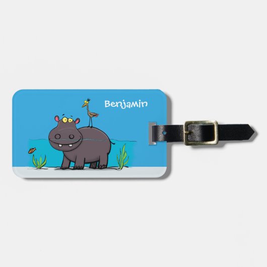Cute funny hippopotamus with bird cartoon bagagelabel (Voorkant horizontaal)