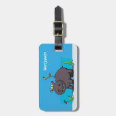 Cute funny hippopotamus with bird cartoon bagagelabel (Voorkant verticaal)