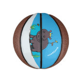 Cute funny hippopotamus with bird cartoon basketbal (Verticaal)