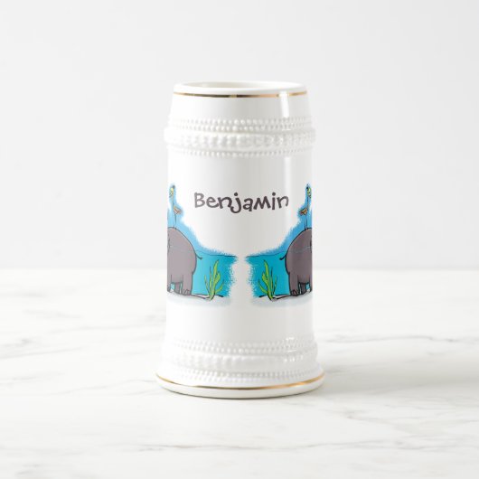 Cute funny hippopotamus with bird cartoon bierpul (Center)