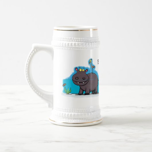 Cute funny hippopotamus with bird cartoon bierpul (Links)