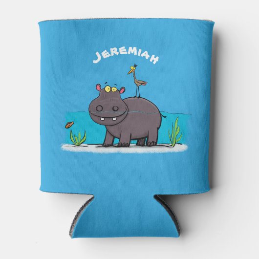 Cute funny hippopotamus with bird cartoon blikjeskoeler (Voorkant)