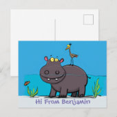 Cute funny hippopotamus with bird cartoon briefkaart (Voorkant / Achterkant)