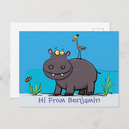 Cute funny hippopotamus with bird cartoon briefkaart (Voorkant / Achterkant)
