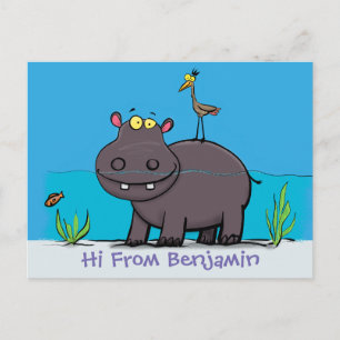 Cute funny hippopotamus with bird cartoon briefkaart