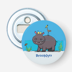 Cute funny hippopotamus with bird cartoon button flesopener