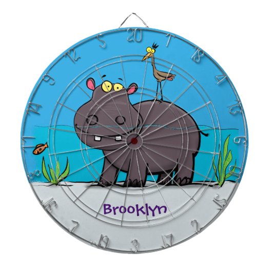 Cute funny hippopotamus with bird cartoon dartbord (Voorkant)