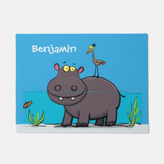 Cute funny hippopotamus with bird cartoon deurmat (Voorkant)
