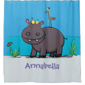 Cute funny hippopotamus with bird cartoon douchegordijn (Voorkant)