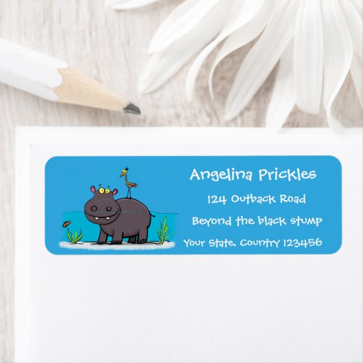 Cute funny hippopotamus with bird cartoon etiket (Insitu)