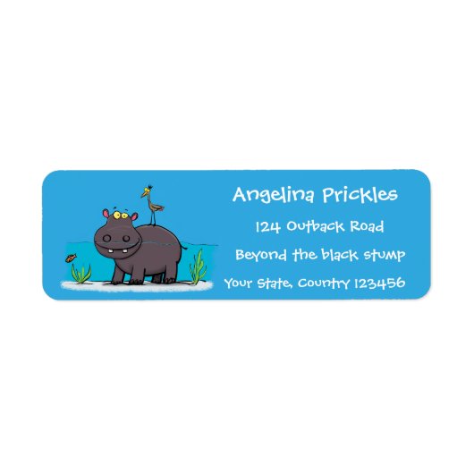 Cute funny hippopotamus with bird cartoon etiket (Voorkant)