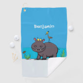 Cute funny hippopotamus with bird cartoon golfhanddoek (Insitu)