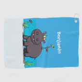 Cute funny hippopotamus with bird cartoon golfhanddoek (Horizontaal)
