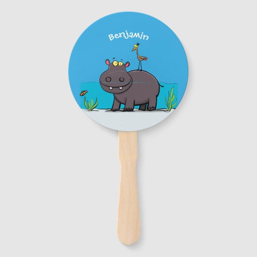 Cute funny hippopotamus with bird cartoon handwaaier (Achterkant)