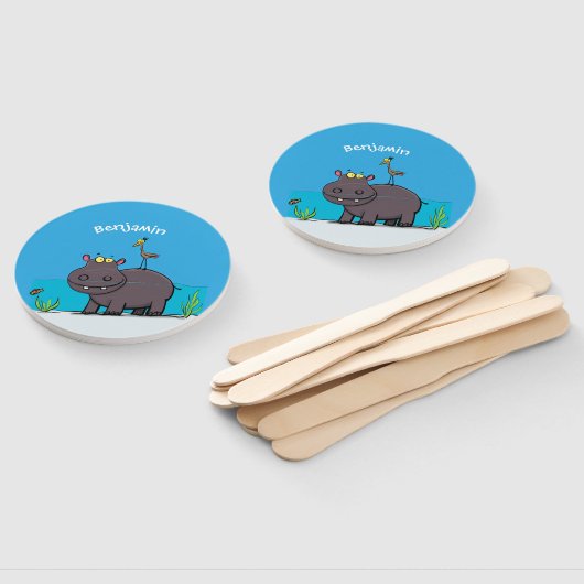 Cute funny hippopotamus with bird cartoon handwaaier (Niet-gemonteerd)