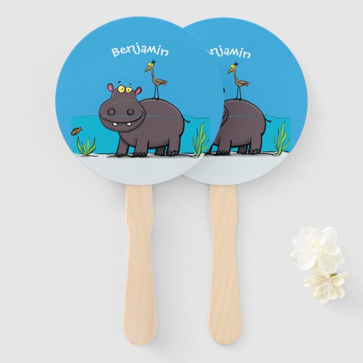 Cute funny hippopotamus with bird cartoon handwaaier (Voorkant en achterkant)