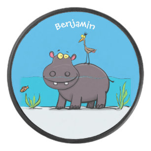 Cute funny hippopotamus with bird cartoon hockey puck
