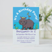 Cute funny hippopotamus with bird cartoon kaart (Staand voorkant)