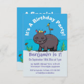 Cute funny hippopotamus with bird cartoon kaart (Voorkant / Achterkant)