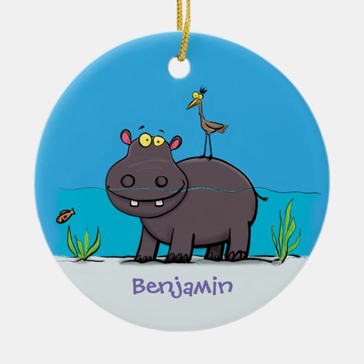 Cute funny hippopotamus with bird cartoon keramisch ornament (Voorkant)