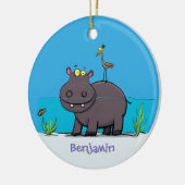 Cute funny hippopotamus with bird cartoon keramisch ornament (Links)