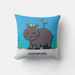 Cute funny hippopotamus with bird cartoon kussen