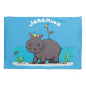 Cute funny hippopotamus with bird cartoon kussensloop (Achterkant)