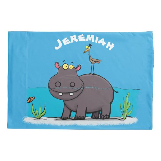 Cute funny hippopotamus with bird cartoon kussensloop (Achterkant)