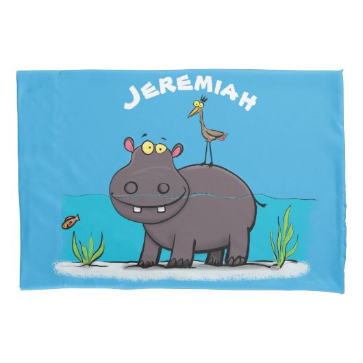 Cute funny hippopotamus with bird cartoon kussensloop (Voorkant)