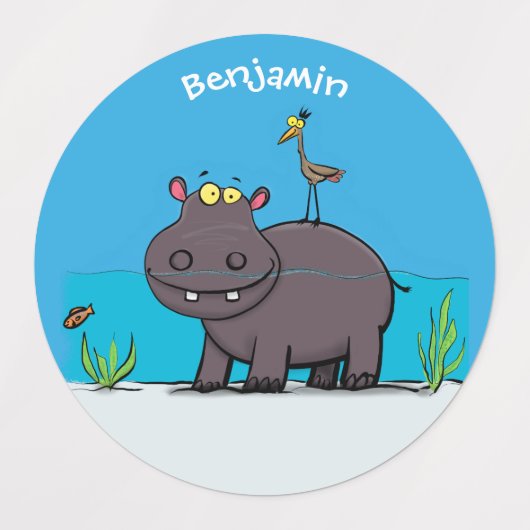 Cute funny hippopotamus with bird cartoon labels (Design 2)