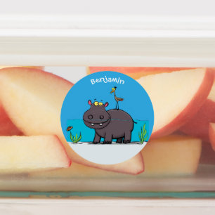 Cute funny hippopotamus with bird cartoon labels