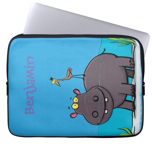 Cute funny hippopotamus with bird cartoon laptop sleeve (Voorkant)
