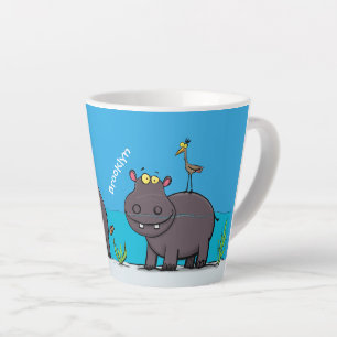 Cute funny hippopotamus with bird cartoon latte mok