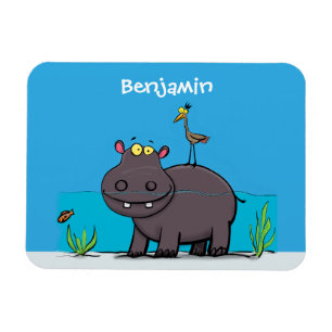 Cute funny hippopotamus with bird cartoon magneet