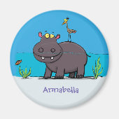 Cute funny hippopotamus with bird cartoon magneet (Voorkant)