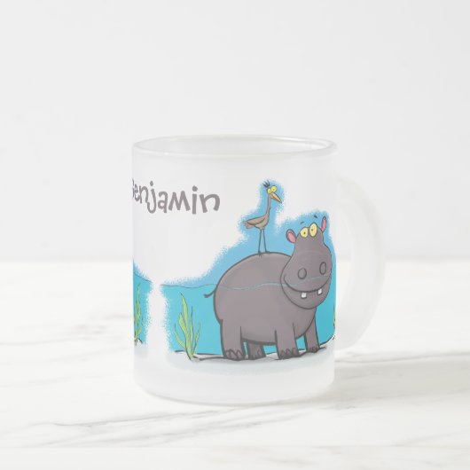 Cute funny hippopotamus with bird cartoon matglas koffiemok (Voorkant rechts)