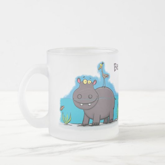 Cute funny hippopotamus with bird cartoon matglas koffiemok (Links)