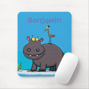 Cute funny hippopotamus with bird cartoon muismat