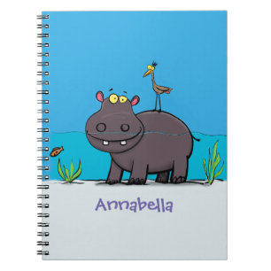Cute funny hippopotamus with bird cartoon notitieboek