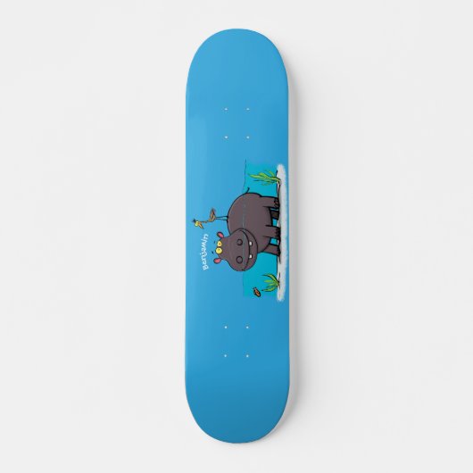 Cute funny hippopotamus with bird cartoon persoonlijk skateboard (Voorkant)