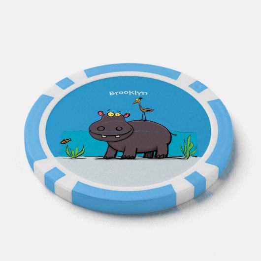 Cute funny hippopotamus with bird cartoon poker chips (Enkel)