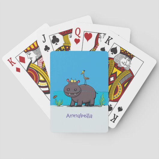 Cute funny hippopotamus with bird cartoon pokerkaarten (Achterkant)