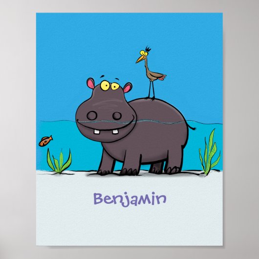Cute funny hippopotamus with bird cartoon poster (Voorkant)